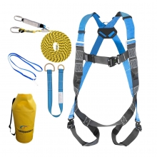 fallskyddssele, gult rep, blå sling, blå sling med öglor och gul väska