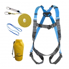 blå grå fallskyddssele med gult rep, blå sling och gul väska