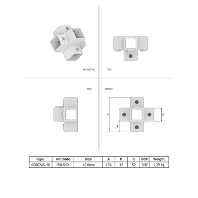 Fyrkantskoppling fot till rörsystem 40mm genomgående