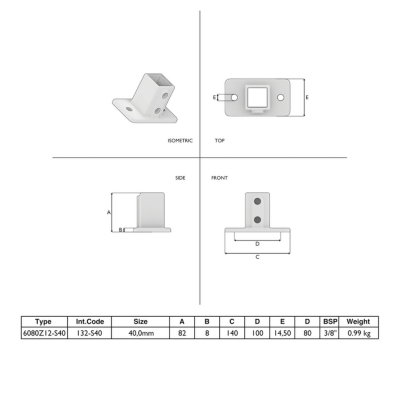 Fyrkantskoppling hög fot/väggfäste 40mm