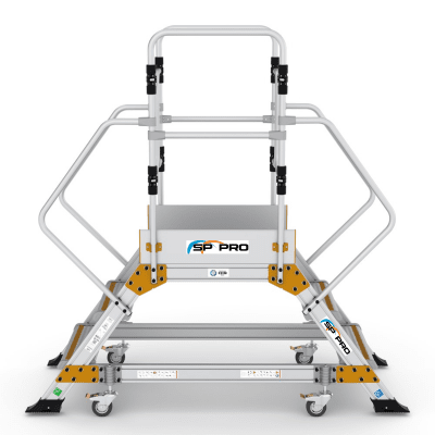 EPC2 dubbelsidad plattformstrappa i aluminium med skyddsräcke runt plattform och trappsteg