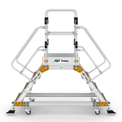 EPC3 dubbelsidad plattformstrappa i aluminium med skyddsräcke runt plattform och trappsteg