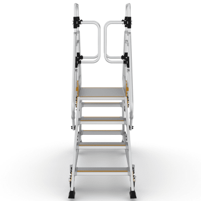 EPC3 dubbelsidad plattformstrappa i aluminium med skyddsräcke runt plattform och trappsteg