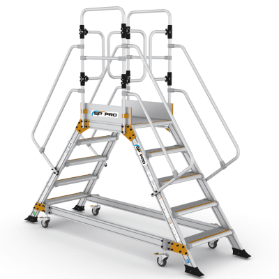 EPC4 dubbelsidad plattformstrappa i aluminium med skyddsräcke runt plattform och trappsteg