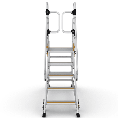 EPC4 dubbelsidad plattformstrappa i aluminium med skyddsräcke runt plattform och trappsteg