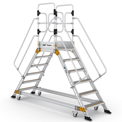 EPC5 dubbelsidad plattformstrappa i aluminium med skyddsräcke runt plattform och trappsteg