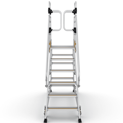 EPC5 dubbelsidad plattformstrappa i aluminium med skyddsräcke runt plattform och trappsteg