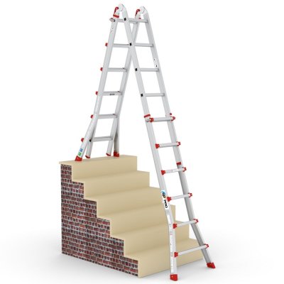 Bild på mellanstor multistege som visar hur den kan stå med benen på olika höjder i en trappa