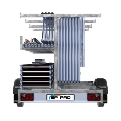 Ställningstrailer ställningsvagn 750kg för ramställning fallskydd och rullställning bild bakifrån med rullställning