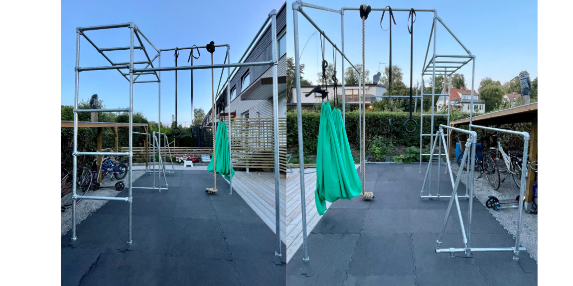 hemmagym och lekställning i stålrör och kopplingar